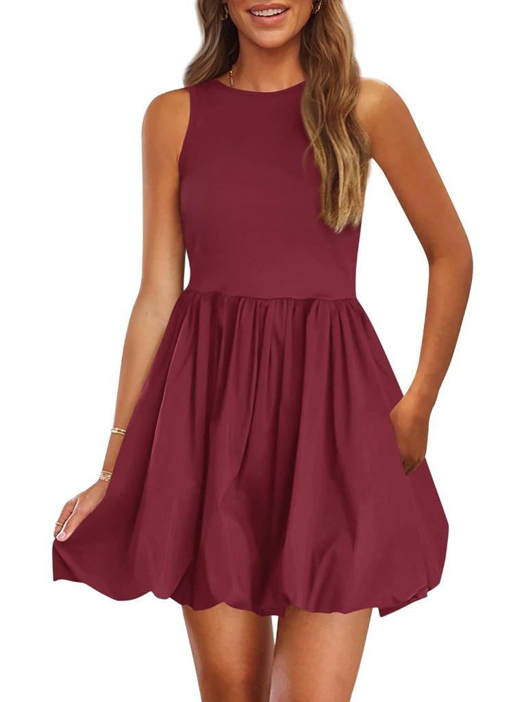 Women's Wine Red Casual Sleeveless Tank Mini Short Dress Crew Neck Bubble